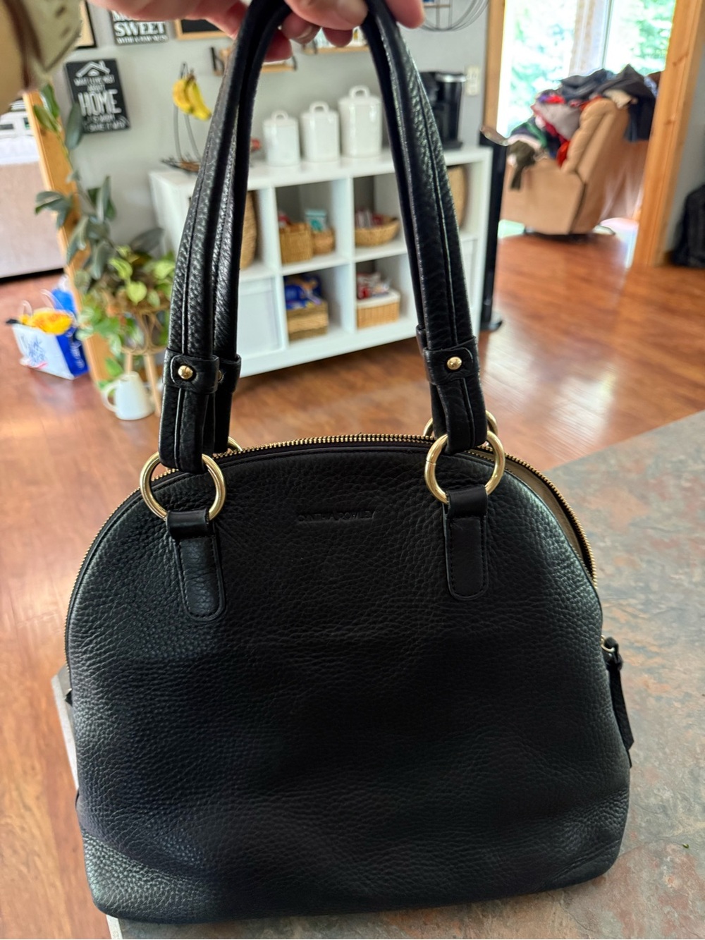 Cynthia Rowley Black Pebbled Dome Satchel with Gold Rings leather bag